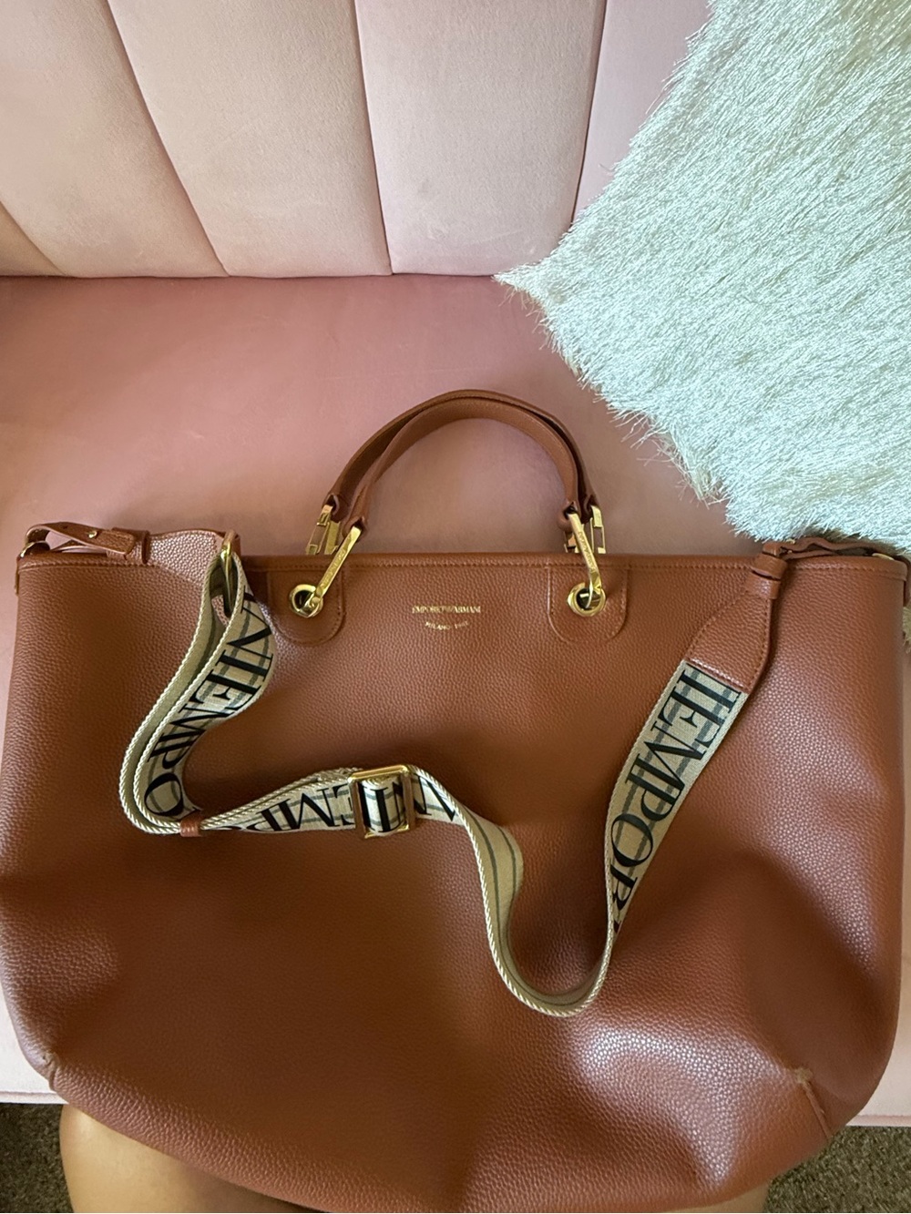 💯Auth! Emporio Armani Saddle Brown Leather Bag Tote Branded Strap Gold Hardware - Picture 12 of 16